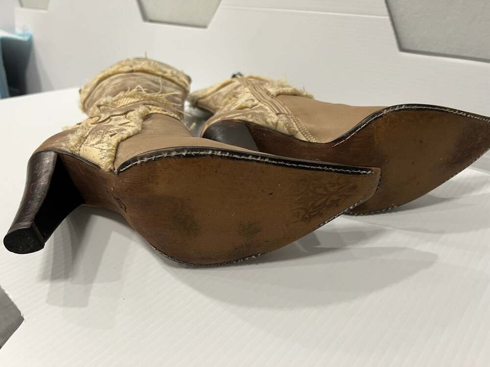 Vintage Italian Distressed Leather and Burlap Western Boots - Picture 5 of 6